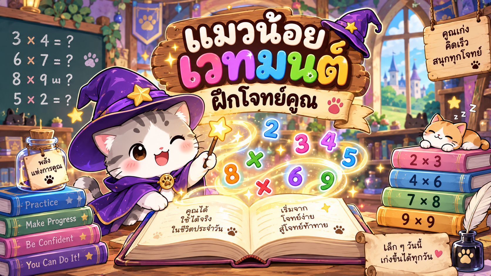 ตัวอย่าง Mini App แมวน้อยเวทมนต์ฝึกโจทย์คูณ