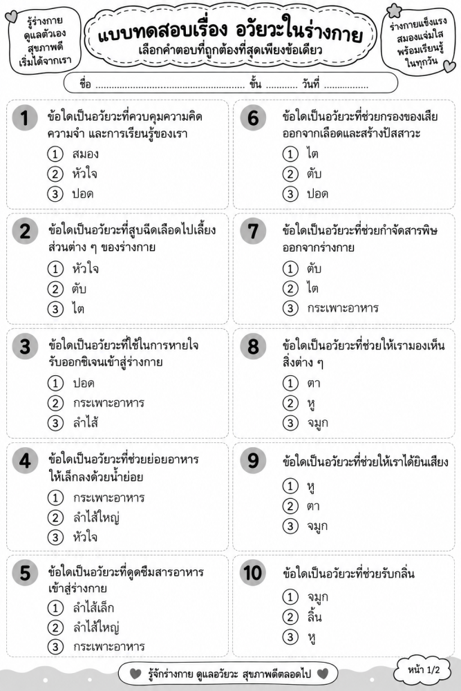 ตัวอย่างใบงาน สุขศึกษา ป2 อวัยวะในร่างกาย
