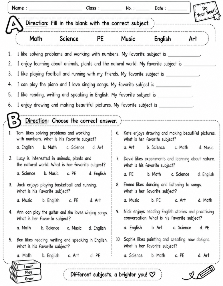 ตัวอย่างใบงาน Subjects วิชาต่างๆในภาษาอังกฤษ
