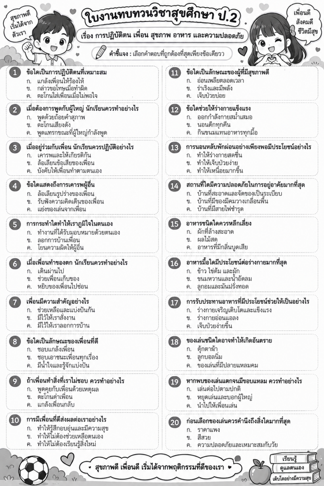 ตัวอย่างใบงาน การปฏิบัติตน เพื่อน สุขภาพ ปละความปลอดภัย สุขศึกษา ป2